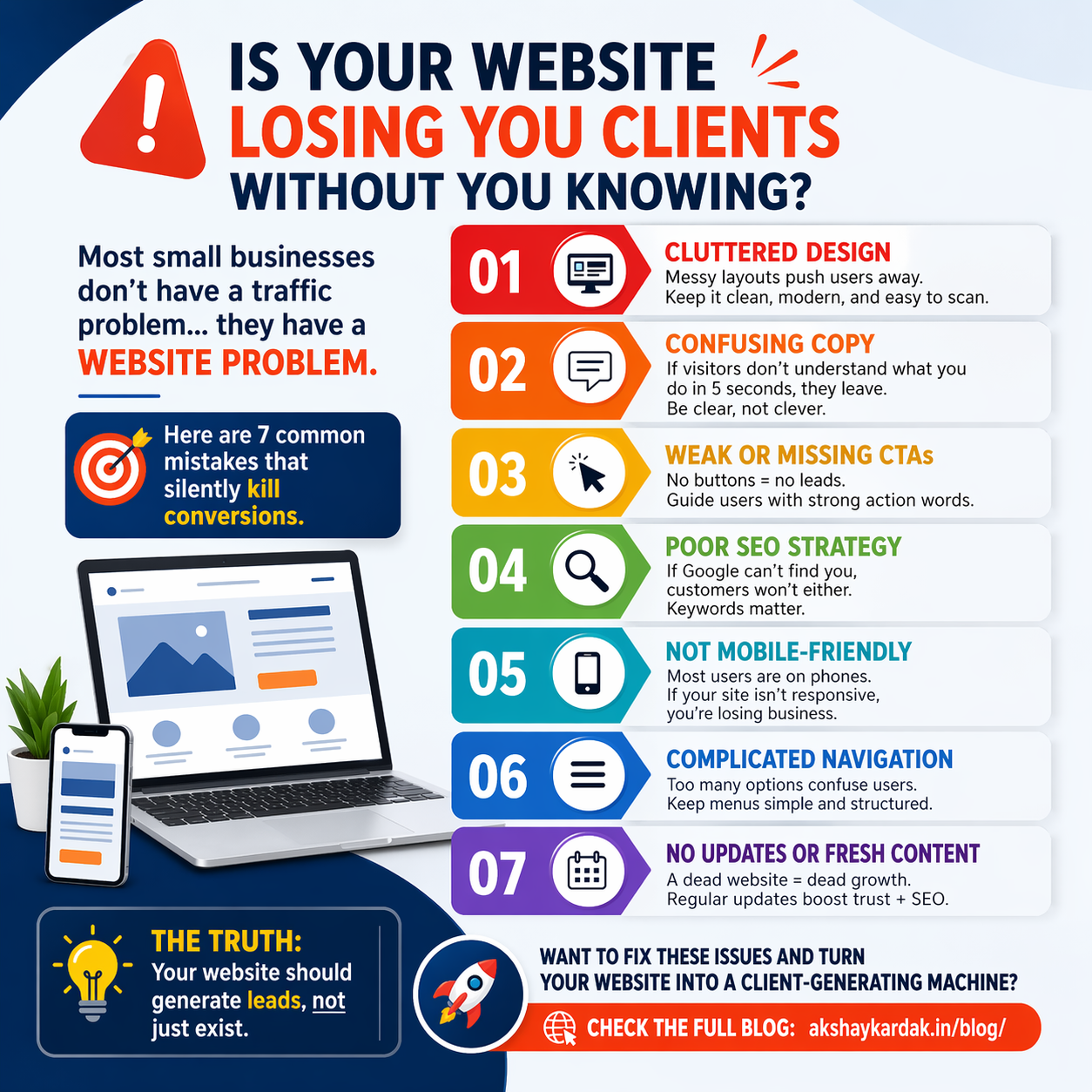 🚨 Is Your Website Losing You Clients Without You Knowing? Most small businesses don’t have a traffic problem… they have a website problem. Here are 7 common mistakes that silently kill conversions 👇 🔴 1. Cluttered Design Messy layouts push users away. Keep it clean, modern, and easy to scan. 🔴 2. Confusing Copy If visitors don’t understand what you do in 5 seconds, they leave. Be clear, not clever. 🔴 3. Weak or Missing CTAs No buttons = no leads. Guide users with strong action words. 🔴 4. Poor SEO Strategy If Google can’t find you, customers won’t either. Keywords matter. 🔴 5. Not Mobile-Friendly Most users are on phones. If your site isn’t responsive, you’re losing business. 🔴 6. Complicated Navigation Too many options confuse users. Keep menus simple and structured. 🔴 7. No Updates or Fresh Content A dead website = dead growth. Regular updates boost trust + SEO. 💡 The truth: Your website should generate leads, not just exist. 👉 Want to fix these issues and turn your website into a client-generating machine? Check the full blog: https://akshaykardak.in/blog/